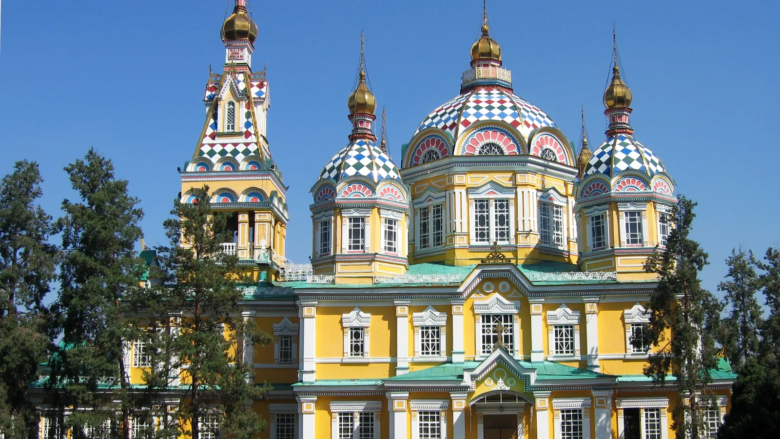 The colourful wooden Zenkov Cathedral in Almaty's Panfilov Park