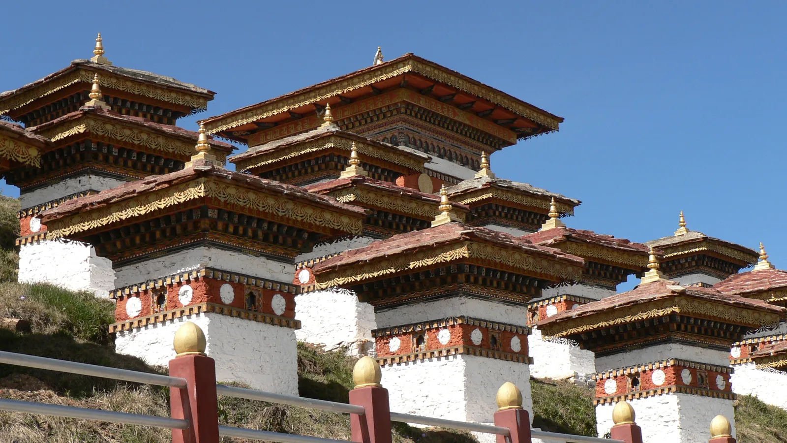 The 108 memorial chortens at the Dochula Pass between Thimphu and Punakha