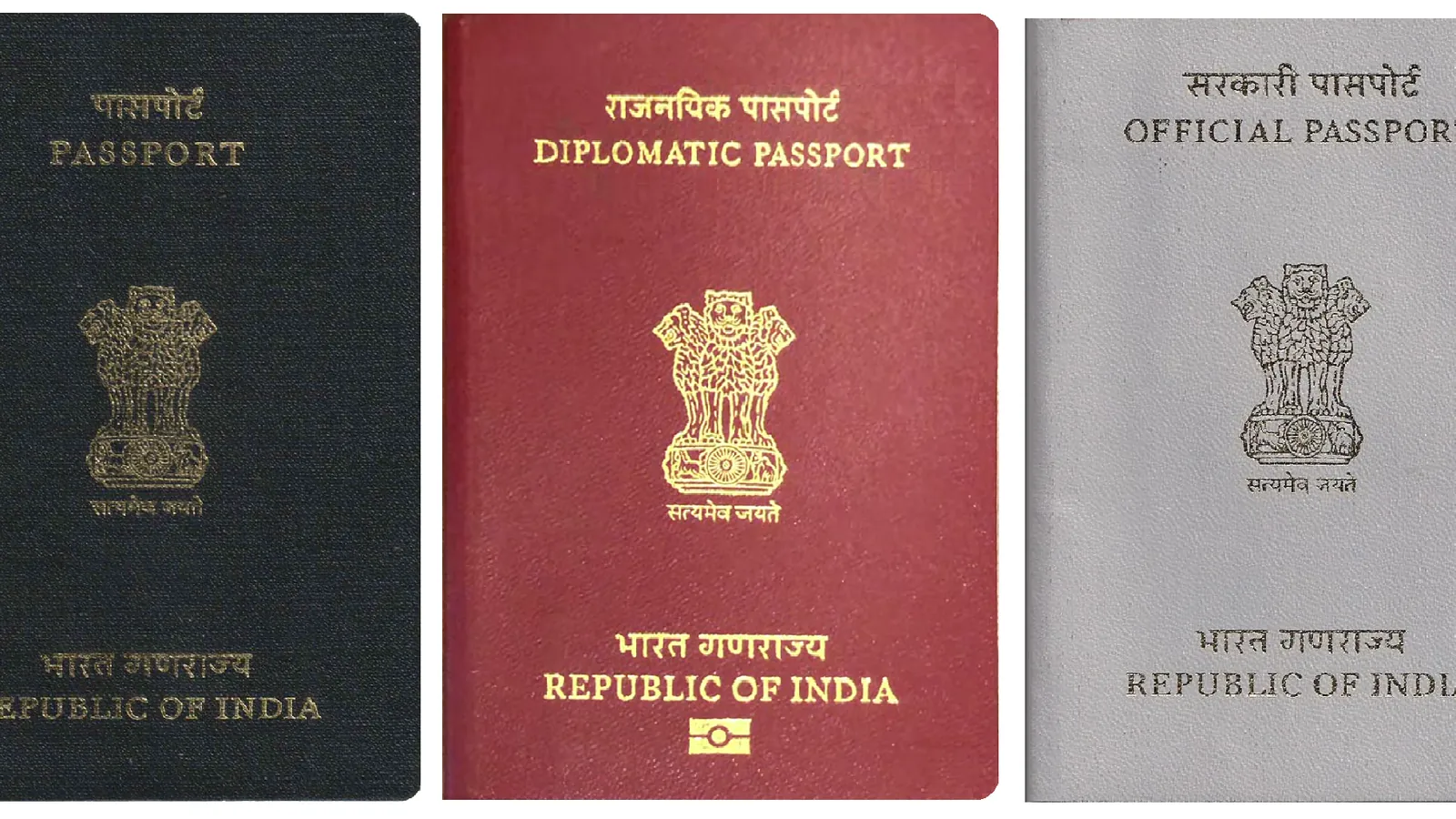 The three types of Indian passport: ordinary, diplomatic and official