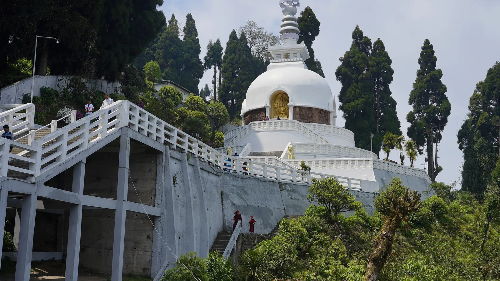 The white Peace Pagoda on a hillside above Darjeeling