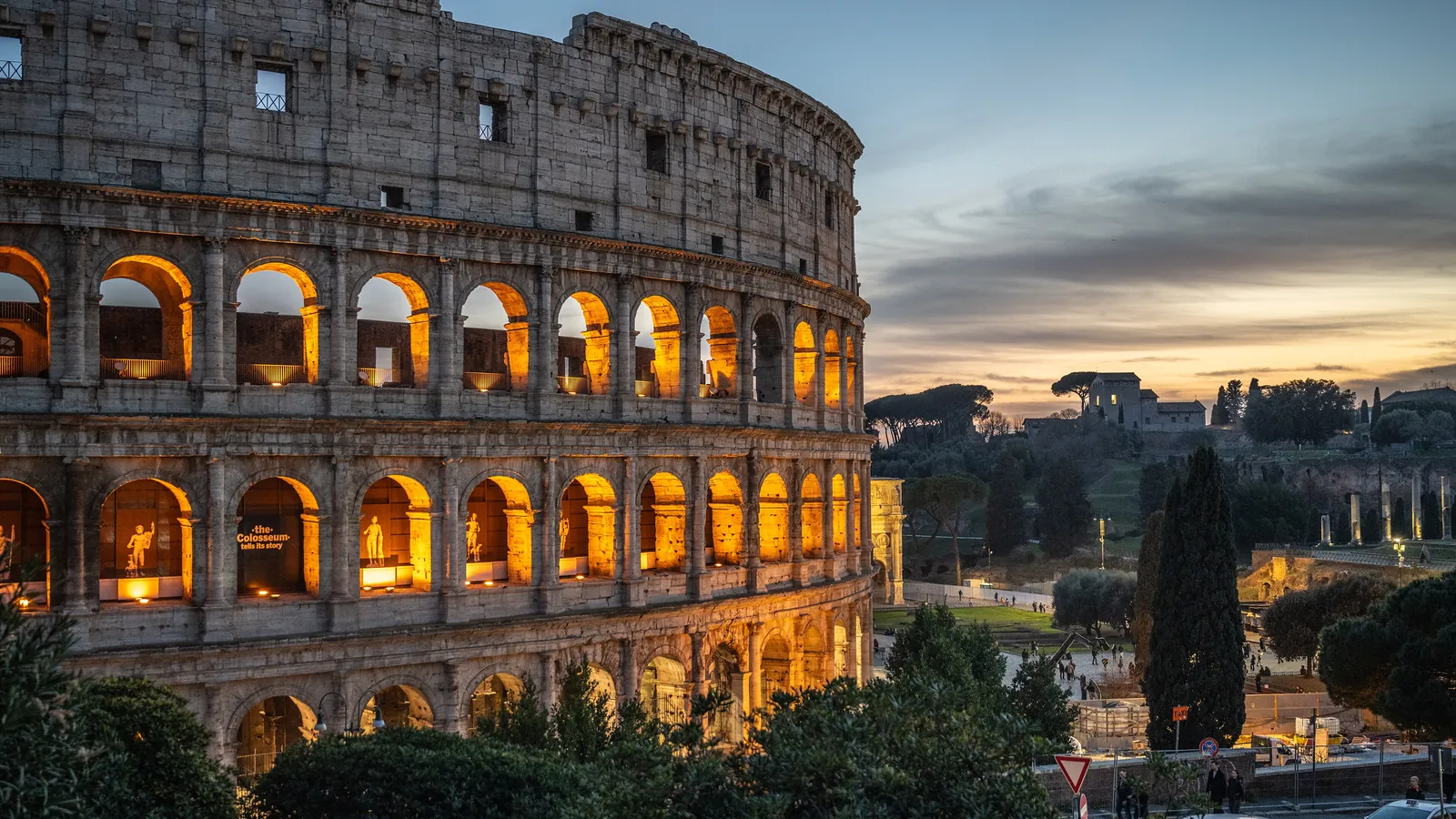 The Colosseum in Rome at dusk, the grand finale of the 14-day Paris to Rome route