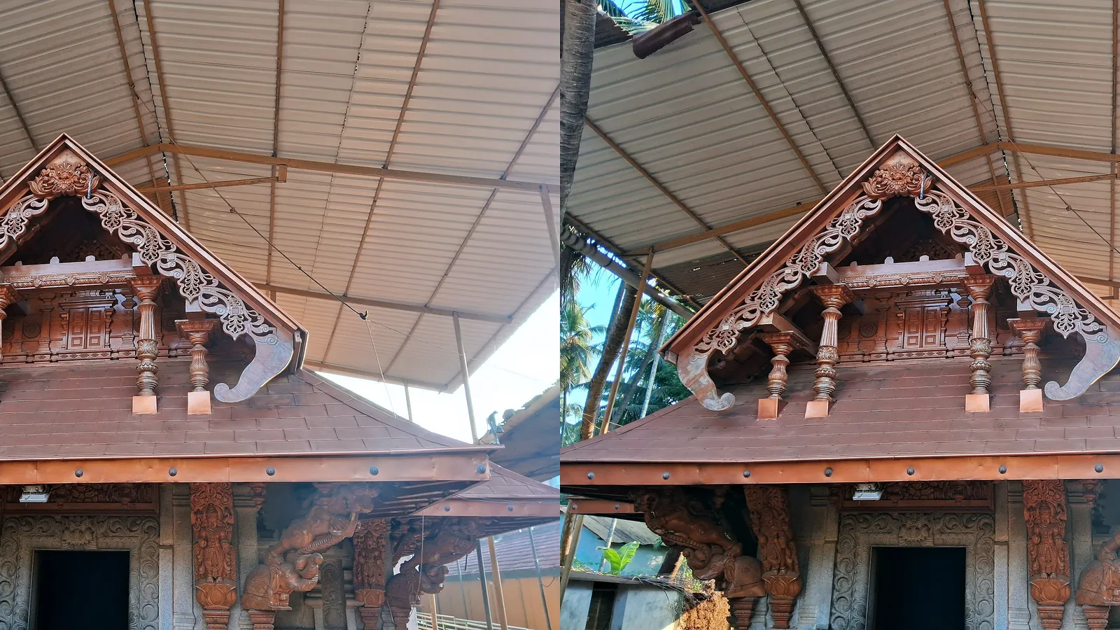 The carved wooden front of a temple shrine in Gokarna's old temple town