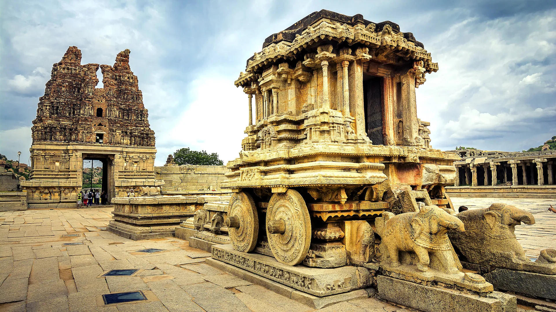 The carved stone chariot at the Vittala Temple, the most celebrated monument in Hampi