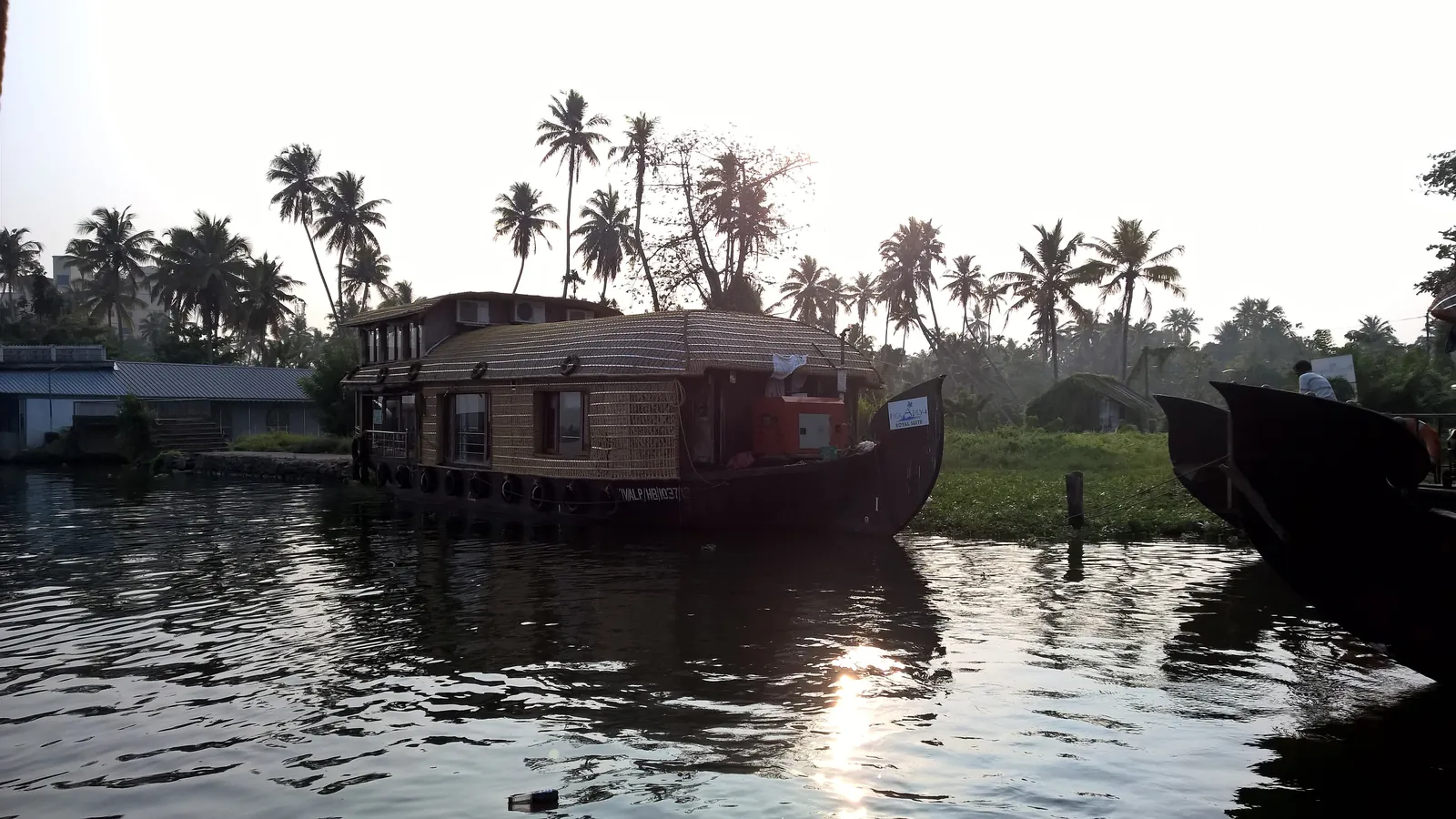 The backwaters of Alleppey glowing at sunset