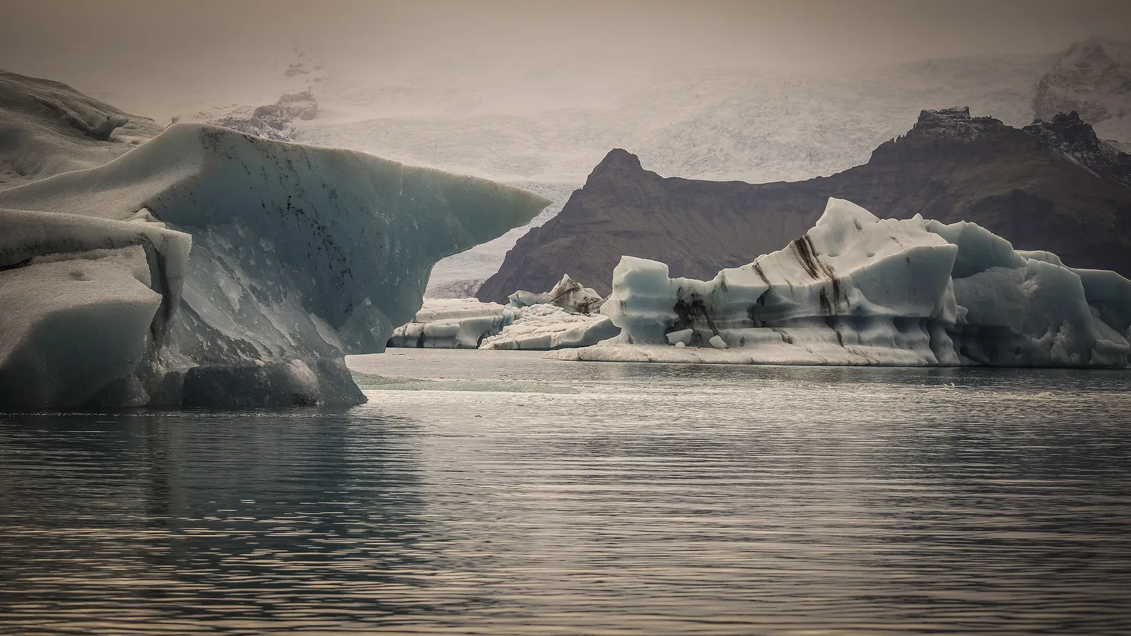 Icebergs float in the Jökulsárlón glacier lagoon in southeast Iceland