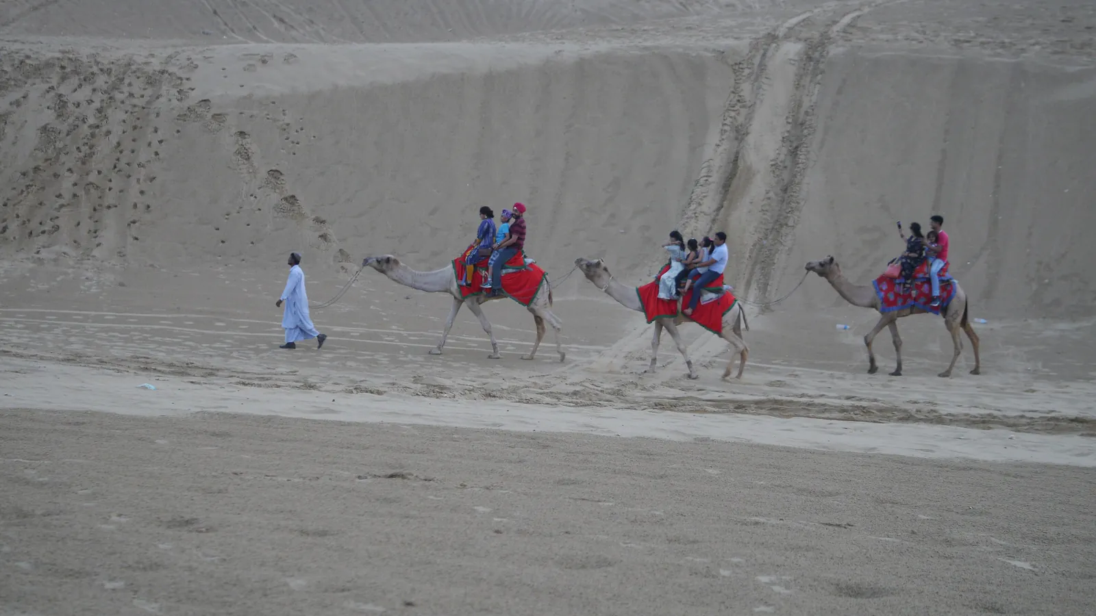 Camels and riders cross the Sam sand dunes near Jaisalmer