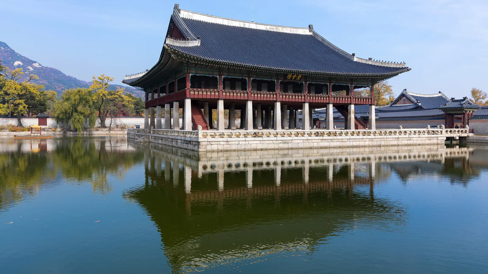 Gyeonghoeru Pavilion, the royal banquet hall of Gyeongbokgung Palace in Seoul, reflected in its lotus pond