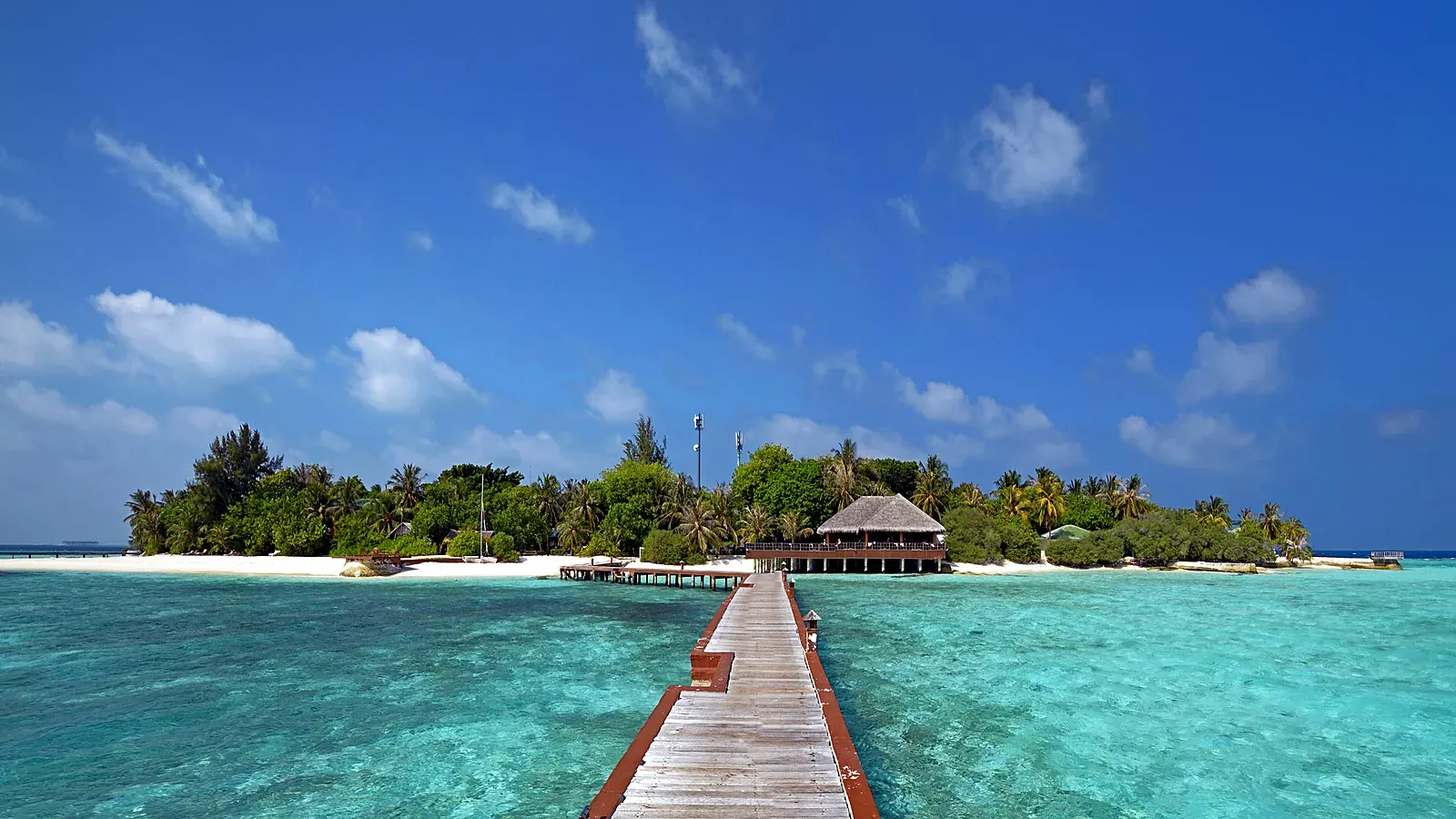 A resort island ringed by its reef and lagoon, seen from the sea. Most Maldives resorts occupy an entire island like this