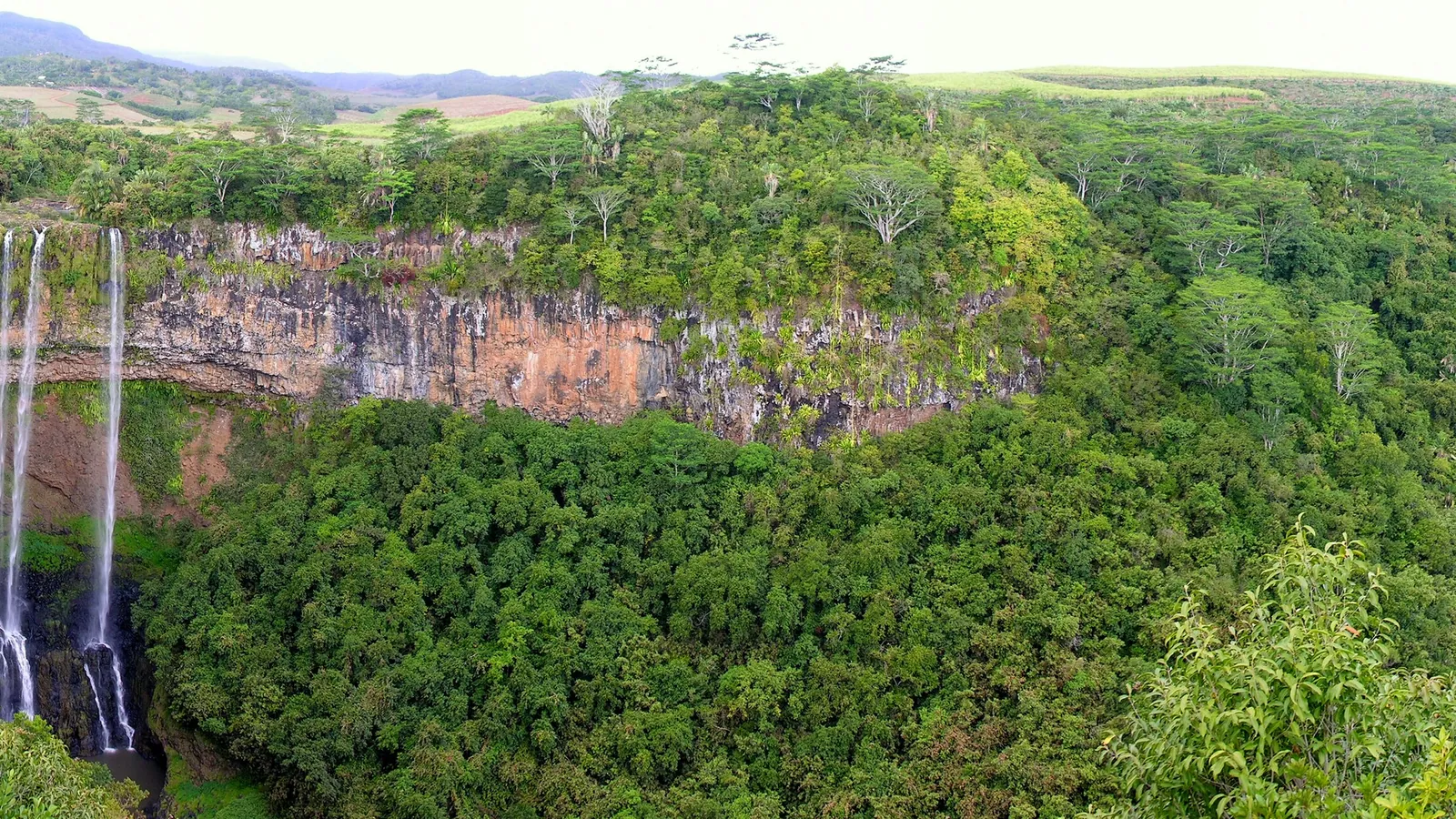 The Chamarel Waterfall plunges into a forested gorge in southwest Mauritius