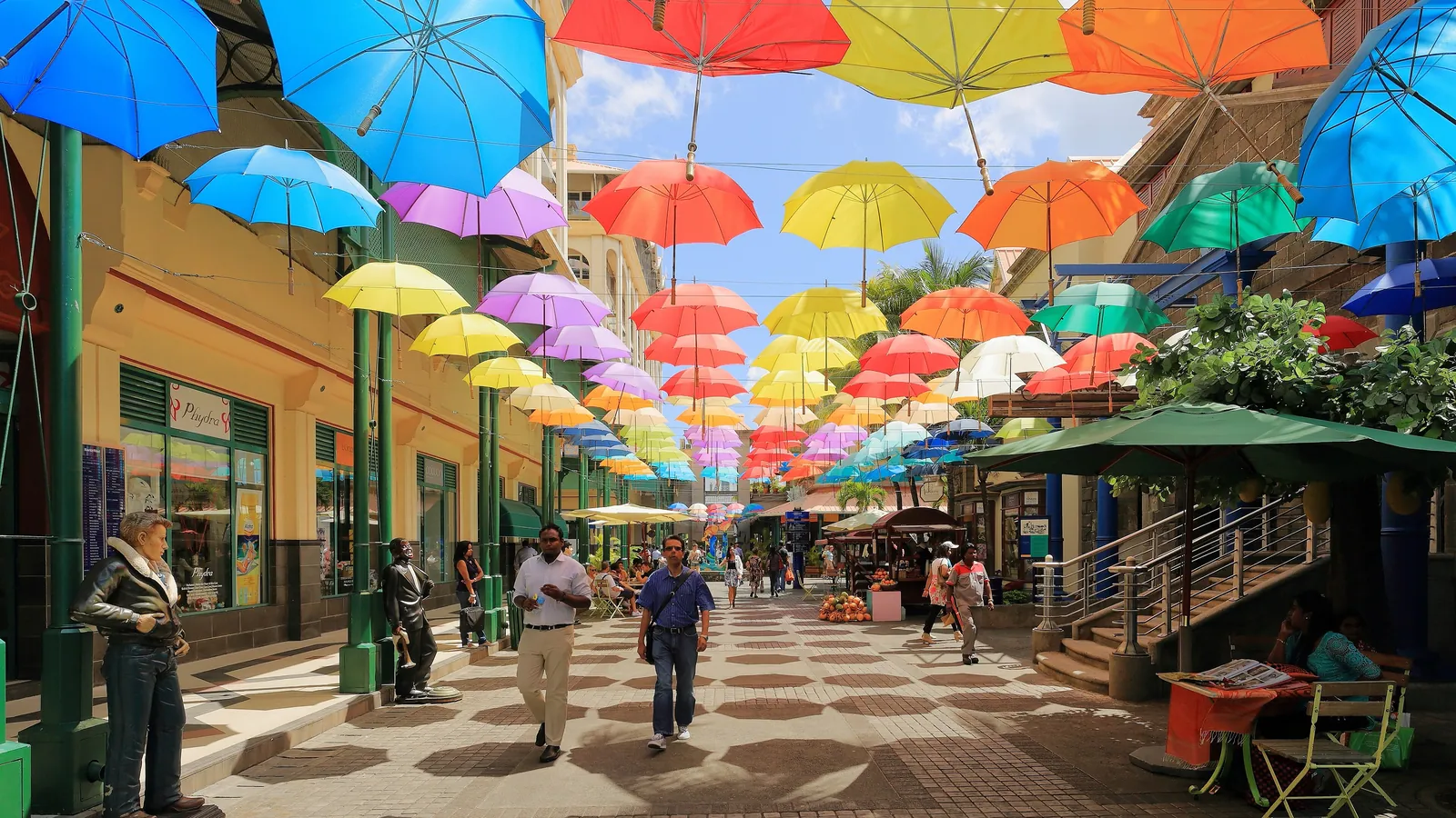 Colourful umbrellas above a walkway at the Caudan Waterfront in Port Louis