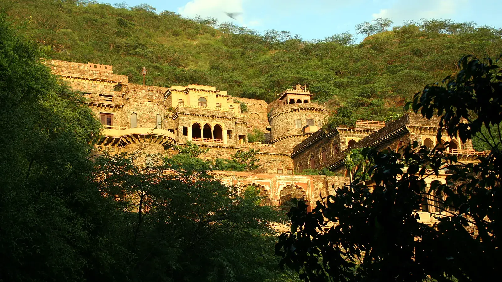 The fortress walls of Neemrana, built by the Chauhan Rajputs in the 15th century on a hill in the Aravallis