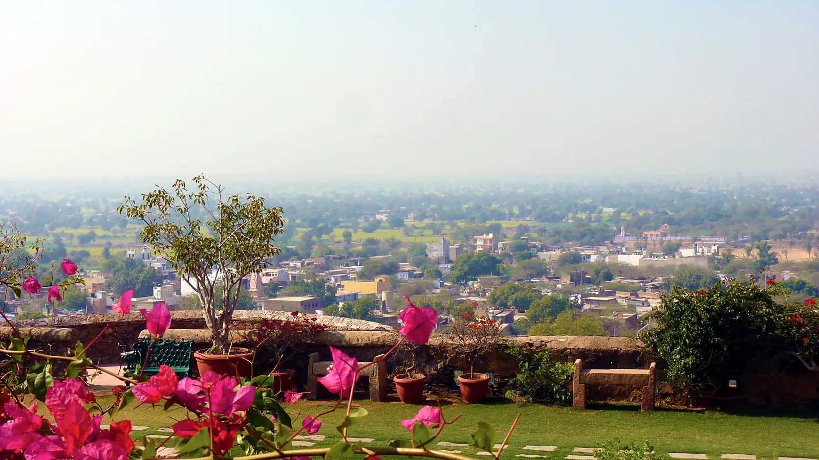 The view from the terraces of Neemrana fort across the plains of Alwar district at the edge of the Aravalli hills
