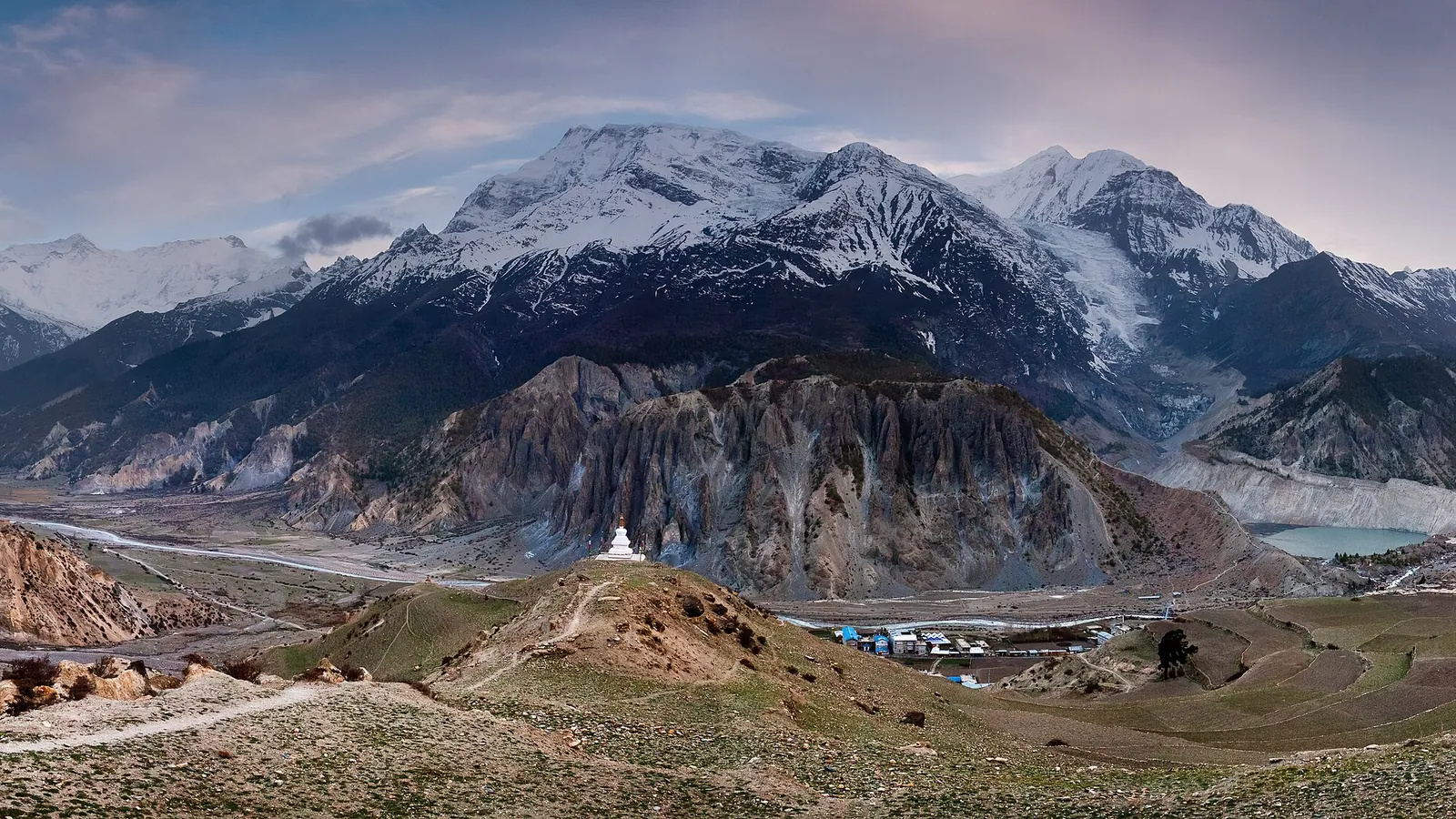 The snowy peaks of the Annapurna massif in the Himalaya of central Nepal