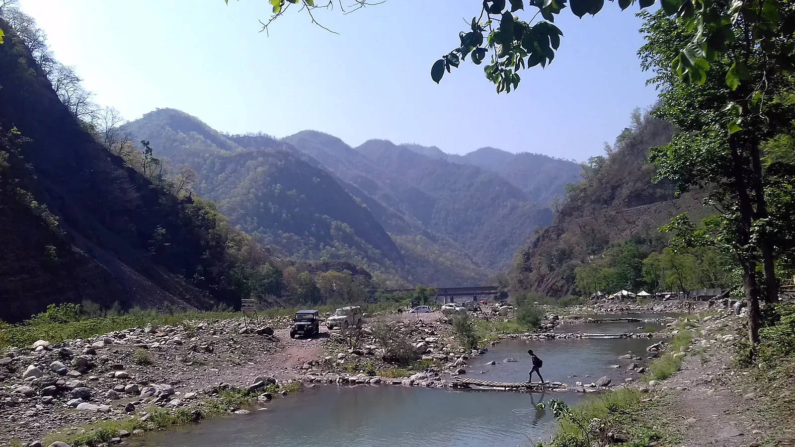 The forested hills and river at Shivpuri, the main camping and rafting base upstream of Rishikesh