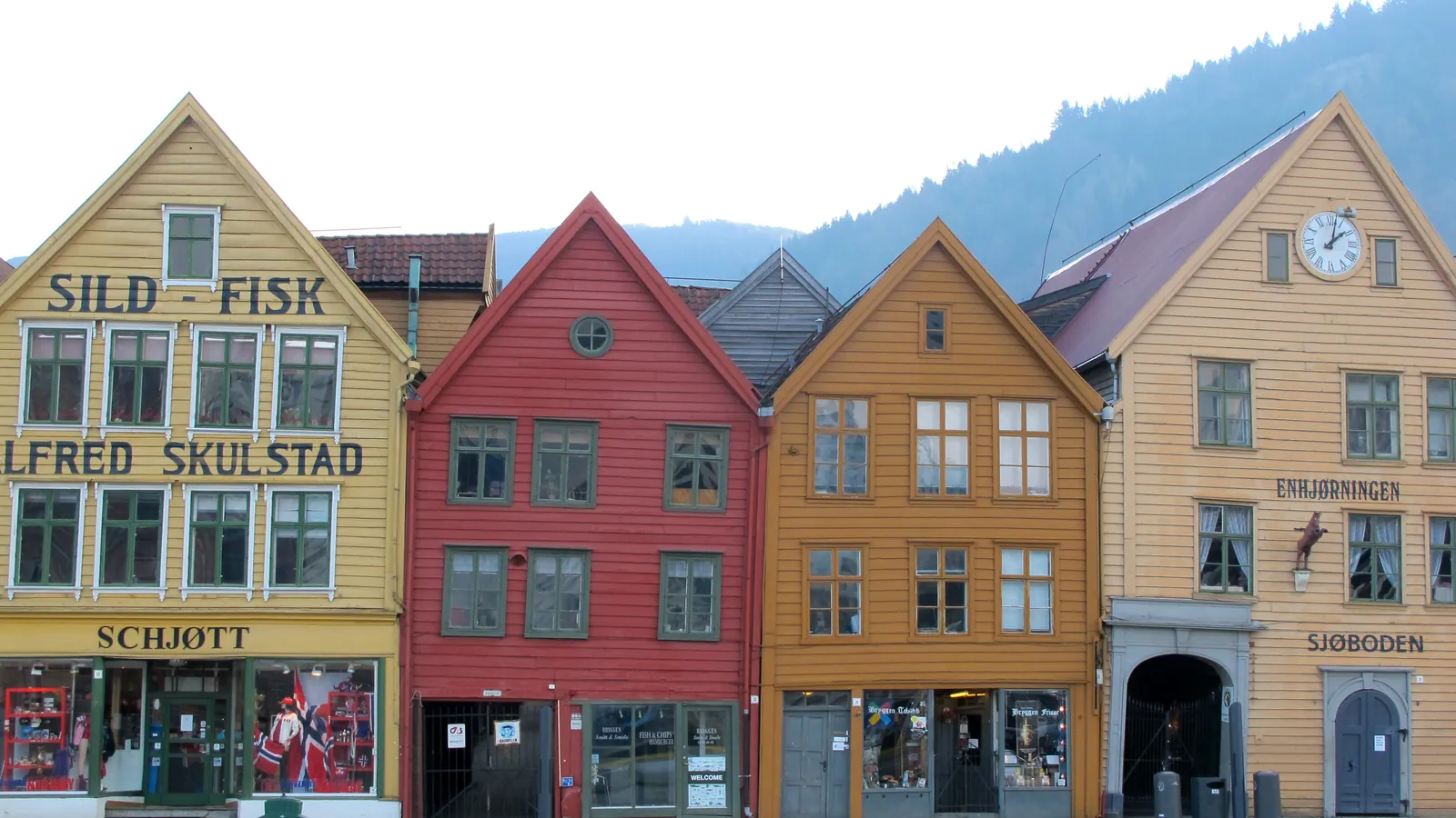 The colourful wooden merchants' houses of Bryggen on the old harbour in Bergen, a UNESCO World Heritage Site
