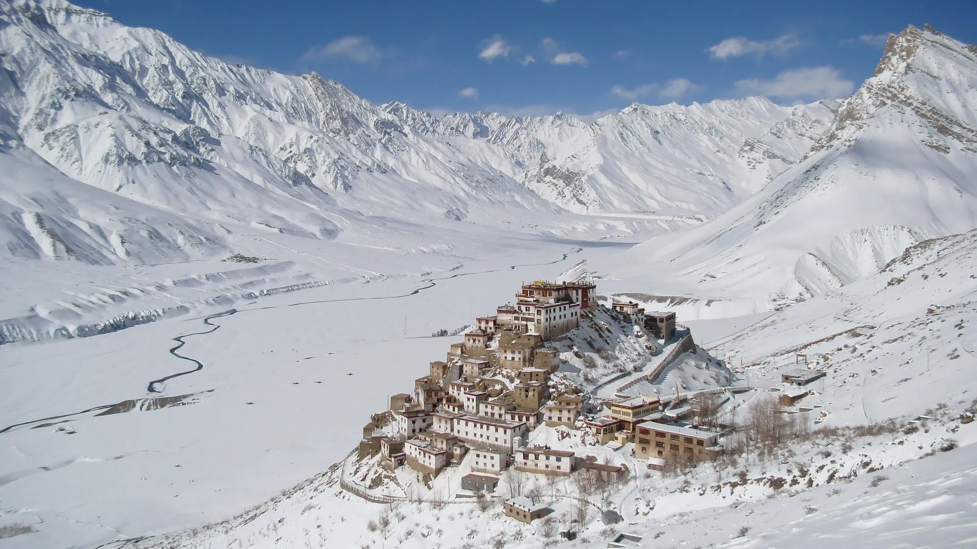 Key Monastery rises on a conical hill above the snow-covered Spiti valley