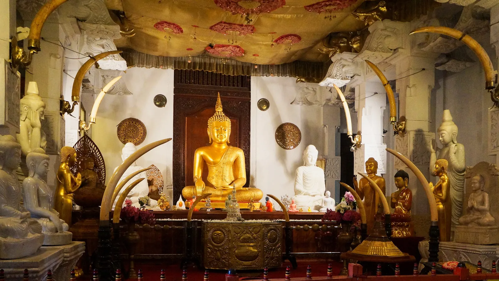 The golden shrine inside the Temple of the Sacred Tooth Relic in Kandy, Sri Lanka's most sacred Buddhist site