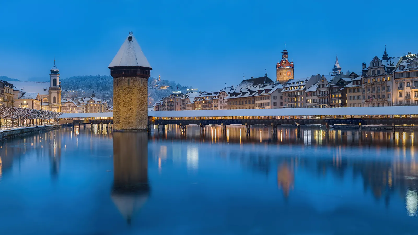 The wooden Chapel Bridge across the River Reuss in Lucerne