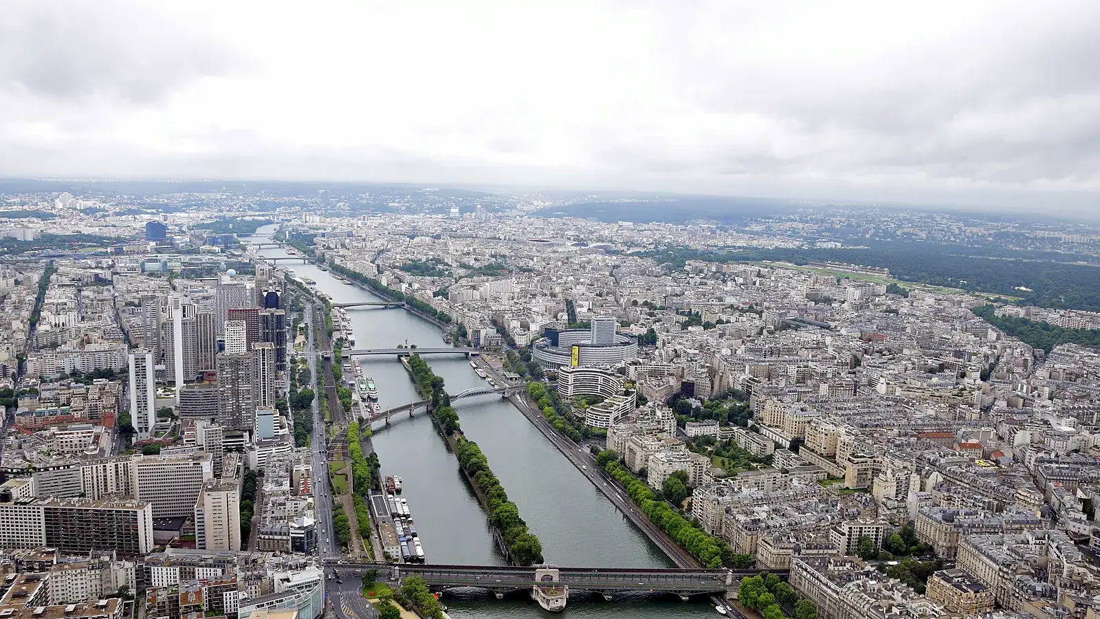 The River Seine winding through Paris, seen from the top of the Eiffel Tower