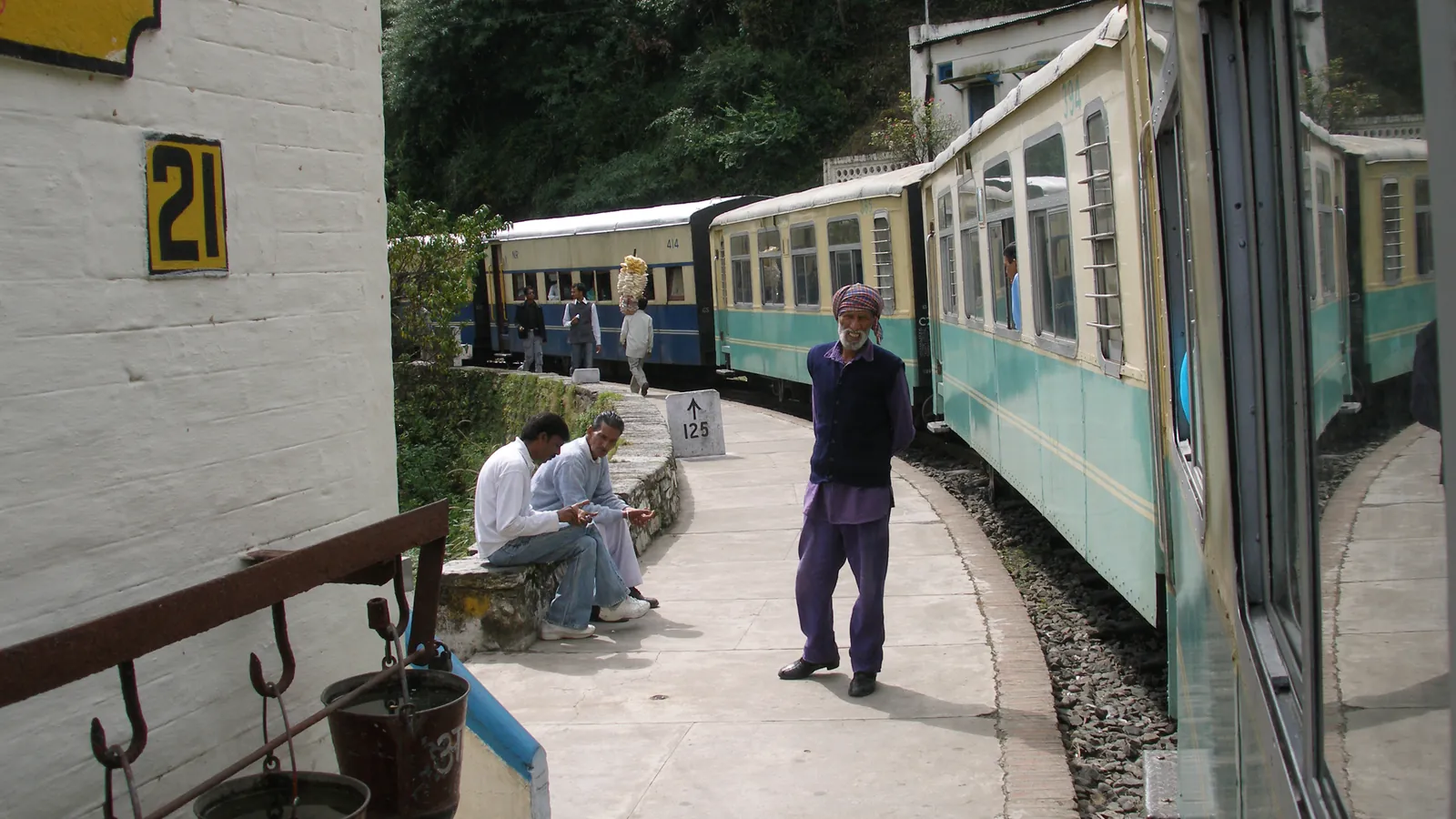 A toy train waits at a station on the Kalka to Shimla Railway, the narrow-gauge line to India's former summer capital