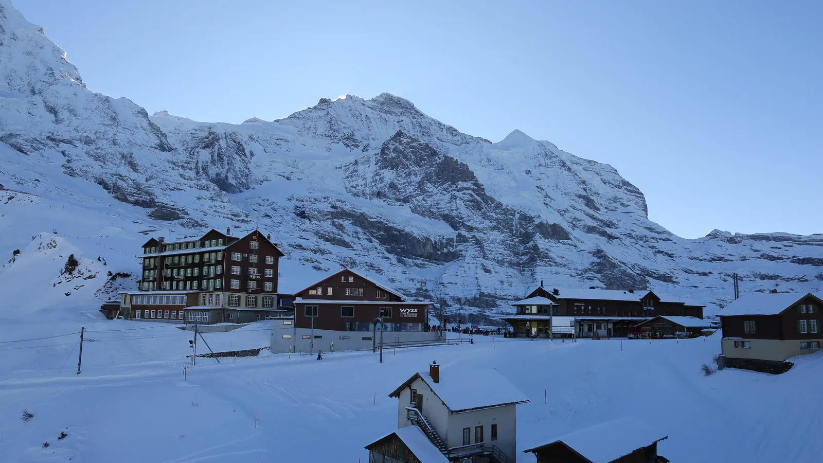 The Jungfrau massif rises above the station at Kleine Scheidegg, where the railway to Jungfraujoch begins its climb