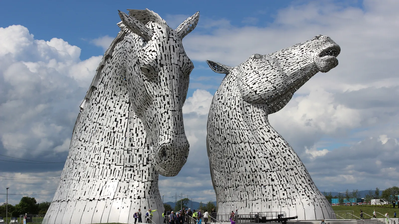 The Kelpies, two 30-metre steel horse heads by Andy Scott, stand beside the canal at The Helix near Falkirk