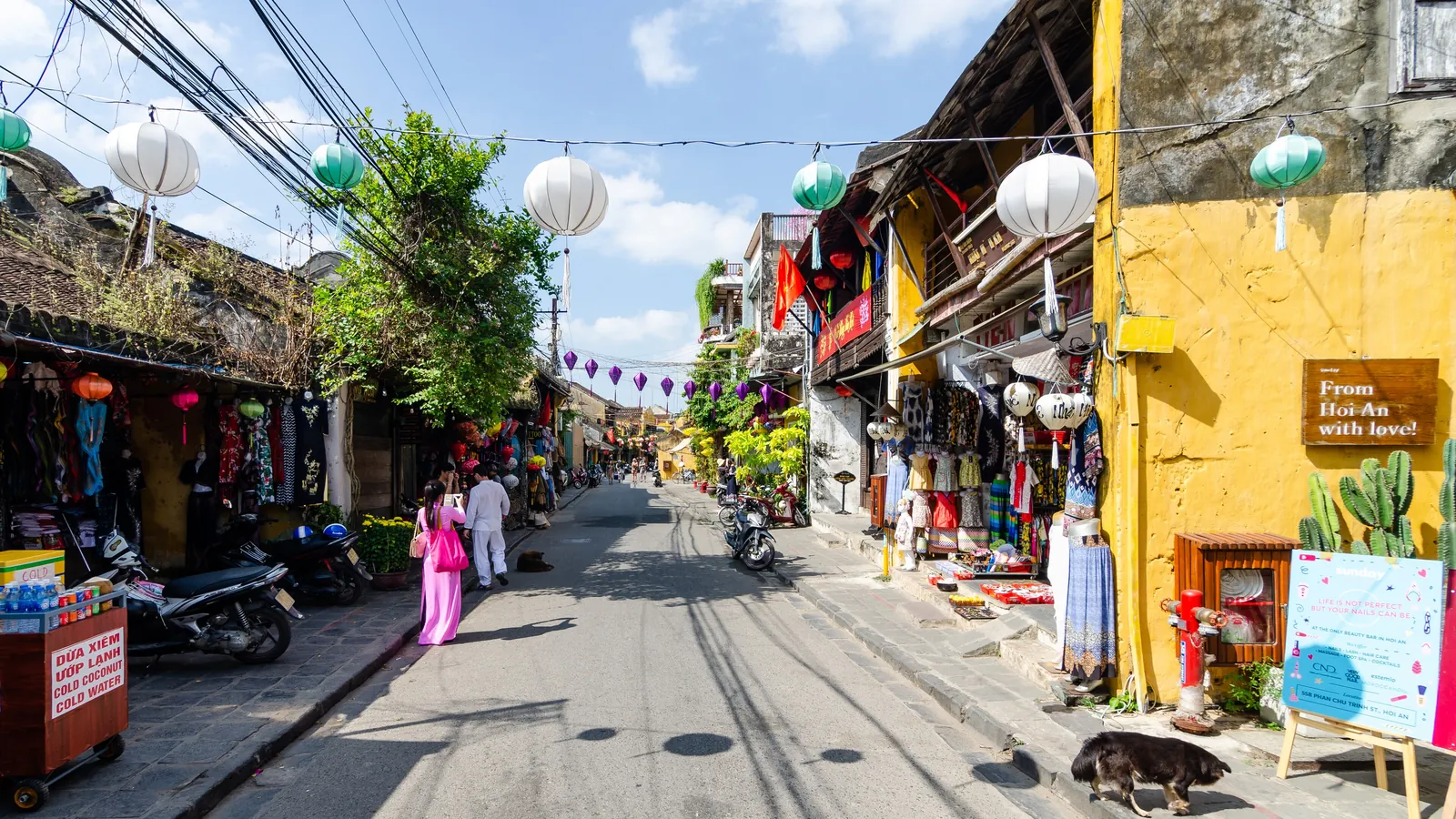 Paper lanterns hang above a street in the ancient town of Hoi An in central Vietnam
