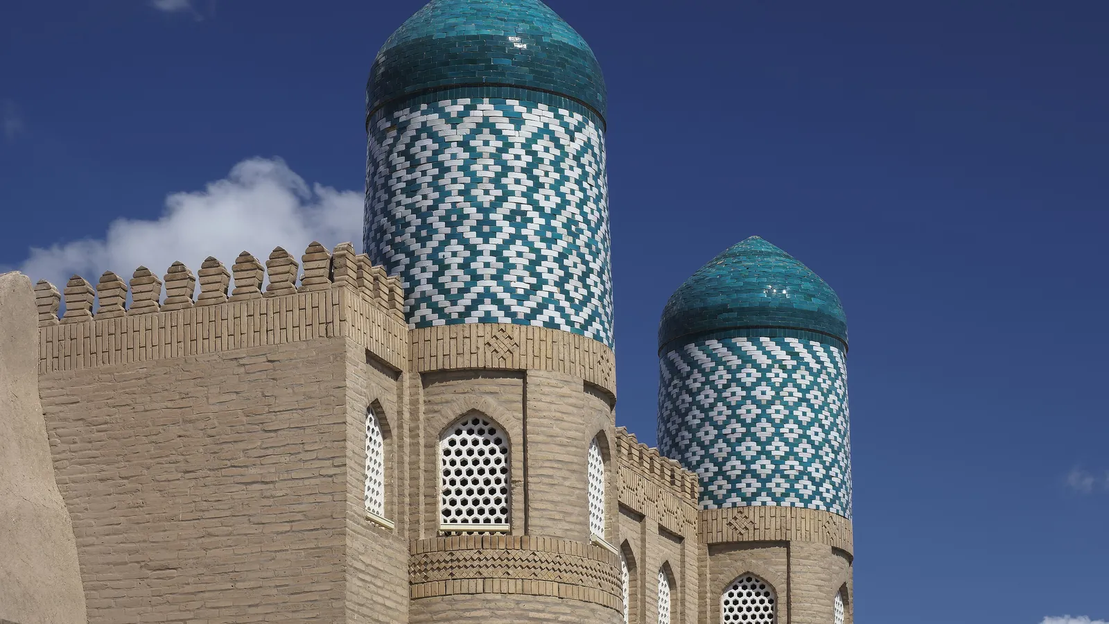 The walls and blue-tiled towers of Itchan Kala, the walled old town of Khiva