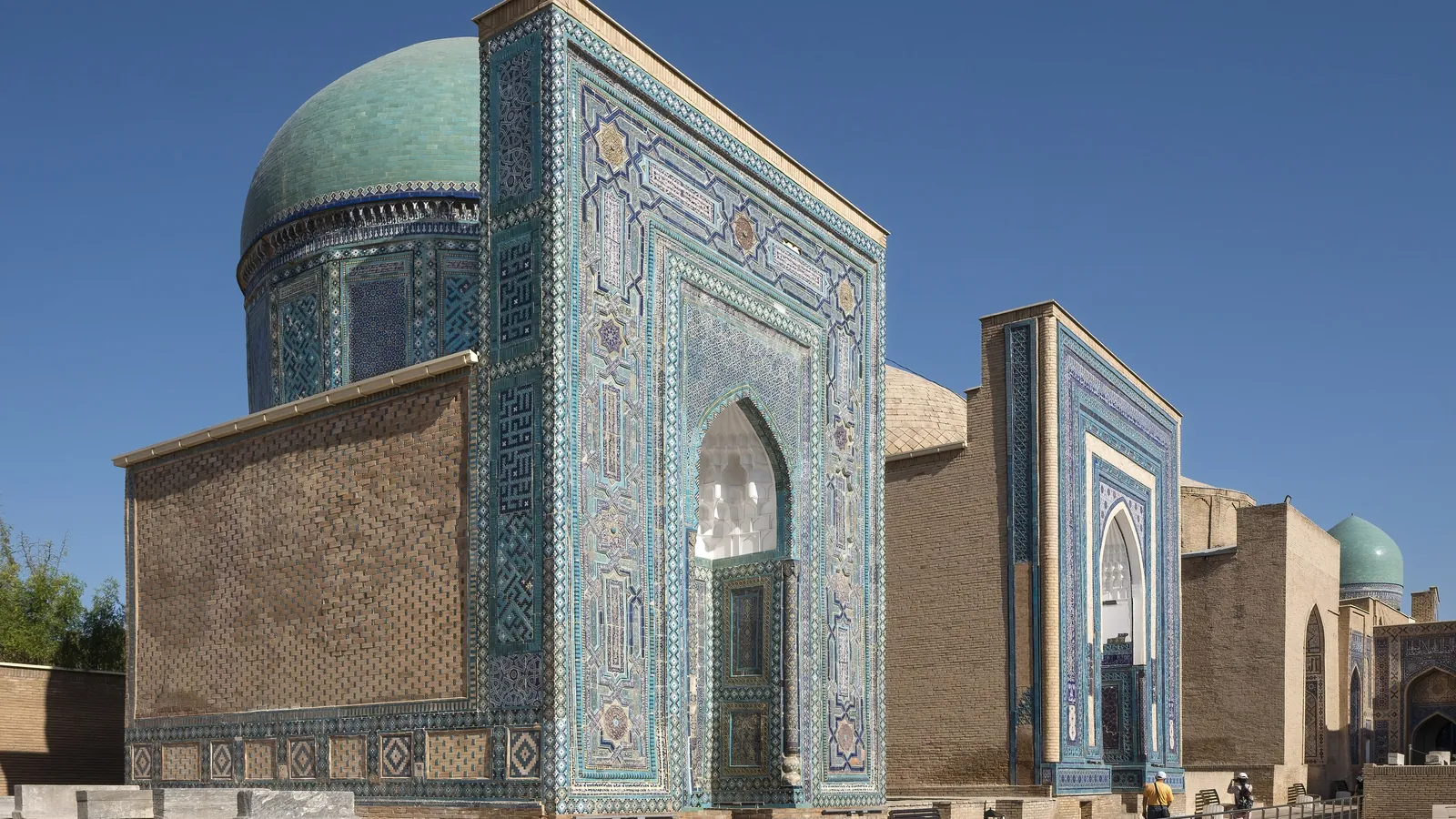 Blue-tiled mausoleums line the avenue of Shah-i-Zinda in Samarkand